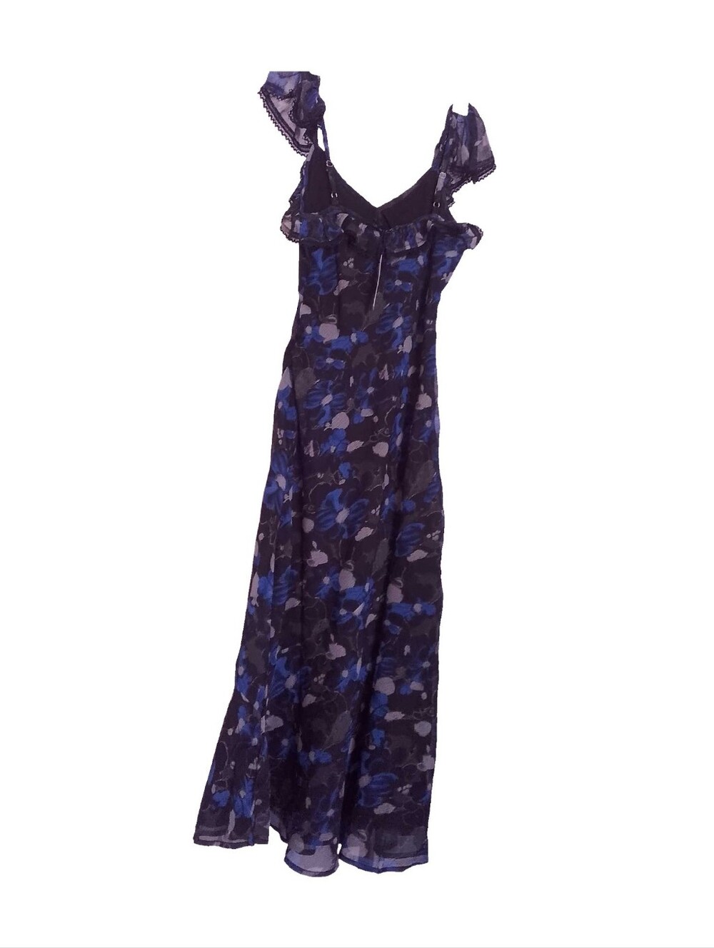 Nasty Gal Blue Floral Chiffon Dress with Lace Trim